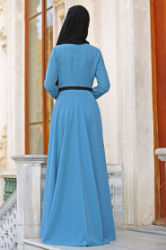 Neva Style - Biyeli Mavi Tesettür Elbise 42020M - Thumbnail