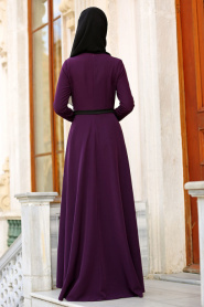 Neva Style - Biyeli Mor Tesettür Elbise 42020MOR - Thumbnail