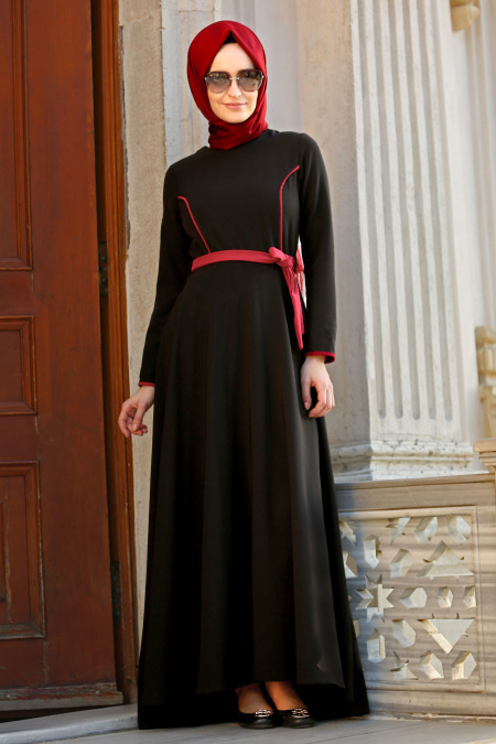 Neva Style - Biyeli Siyah Tesettür Elbise 42020S
