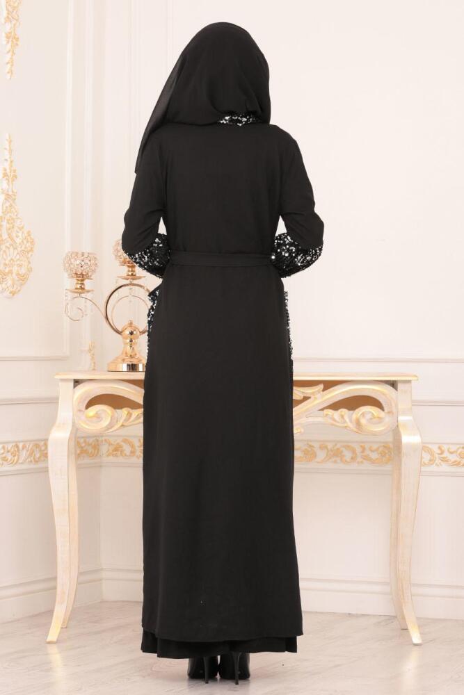 Pul Payetli Siyah Tesettür Abaya 1040S - 2