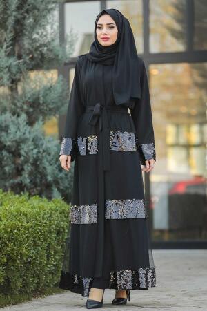 Pul Payetli Siyah Tesettür Abaya 8862S - Thumbnail