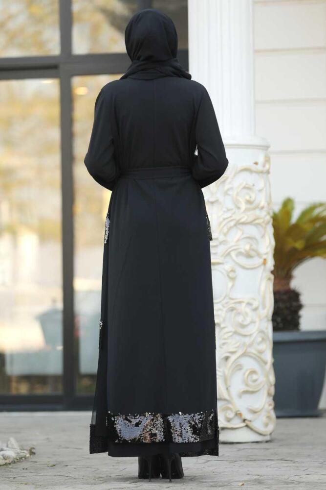 Pul Payetli Siyah Tesettür Abaya 8862S - 2