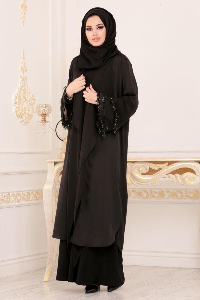 Volan Kollu Siyah Tesettür Abaya 8871S - 1