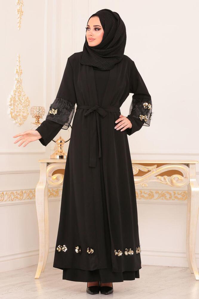 Pul Detaylı Siyah Tesettür Abaya 8887S - 1