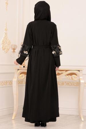 Pul Detaylı Siyah Tesettür Abaya 8887S - 2