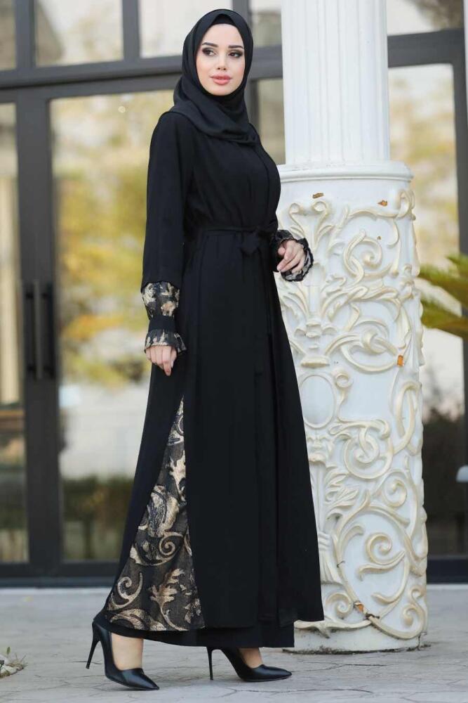 Volan Kollu Siyah Tesettür Abaya 8895S - 1