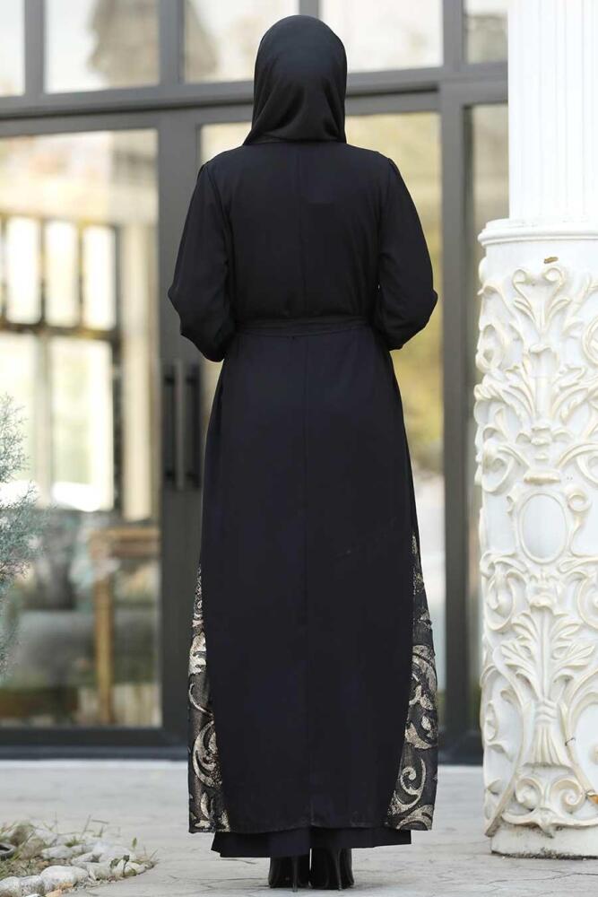 Volan Kollu Siyah Tesettür Abaya 8895S - 2