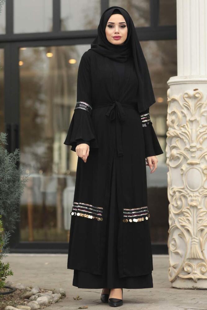 Volan Kollu Siyah Tesettür Abaya 8900S - 1