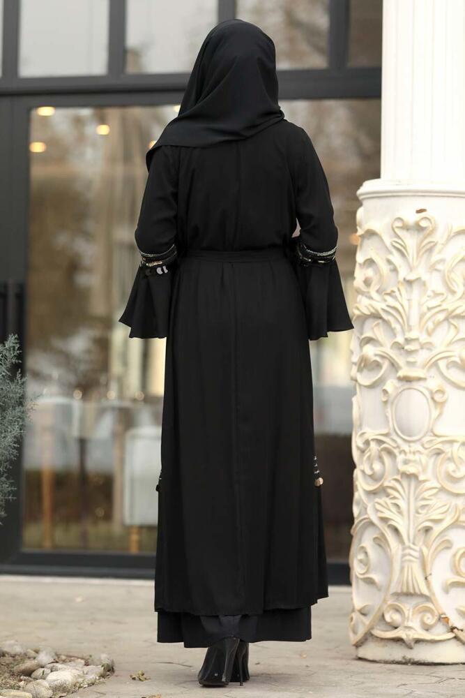 Volan Kollu Siyah Tesettür Abaya 8900S - 2