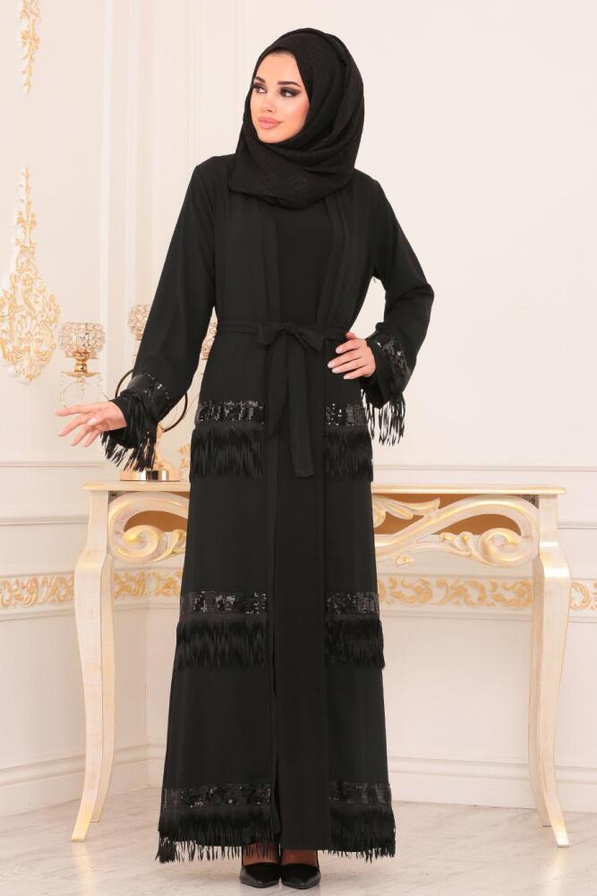 Pul Payetli Siyah Tesettür Abaya 8905S - 1