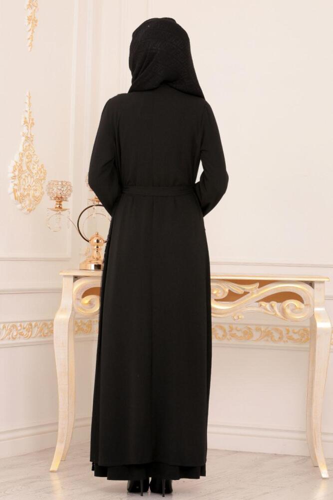 Pul Payetli Siyah Tesettür Abaya 8905S - 2