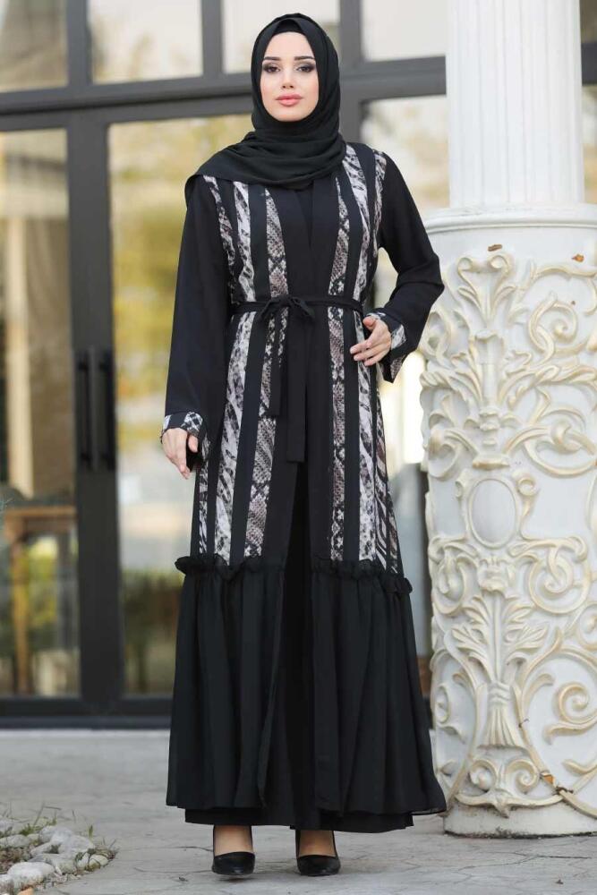 Desenli Siyah Tesettür Abaya 8940S - 1