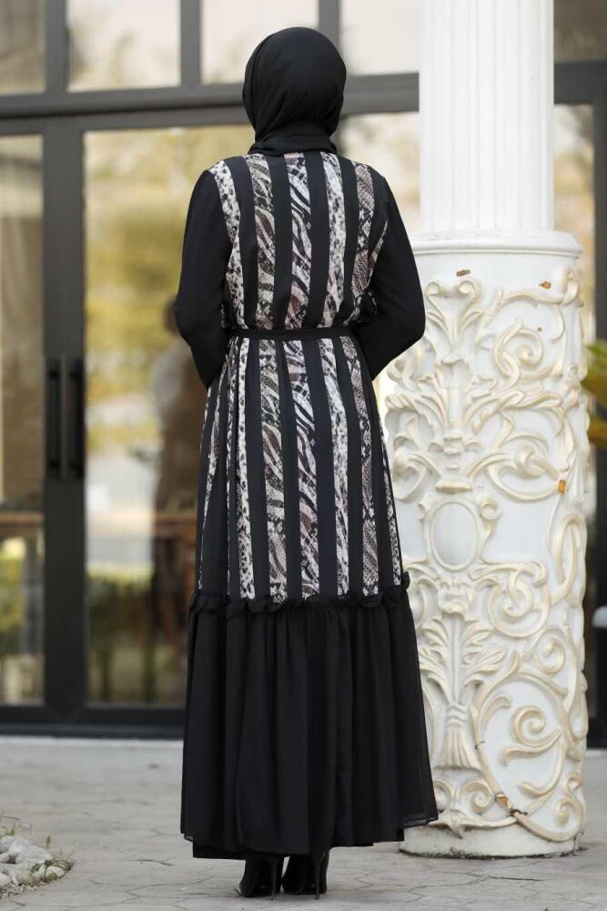 Desenli Siyah Tesettür Abaya 8940S - 2