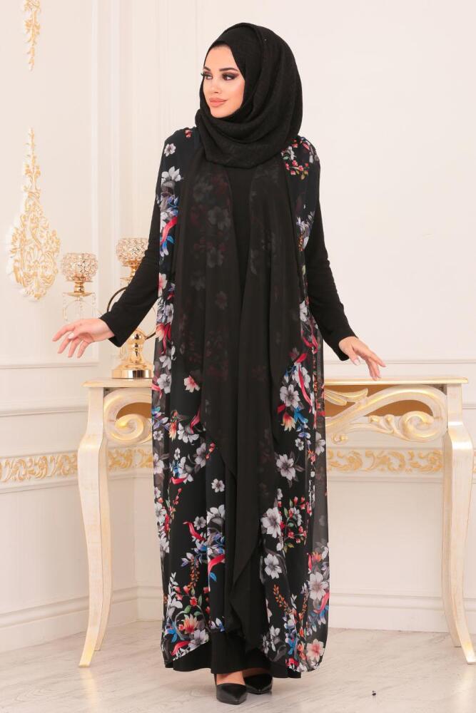 Çiçek Desenli Siyah Tesettür Abaya 8961S - 1