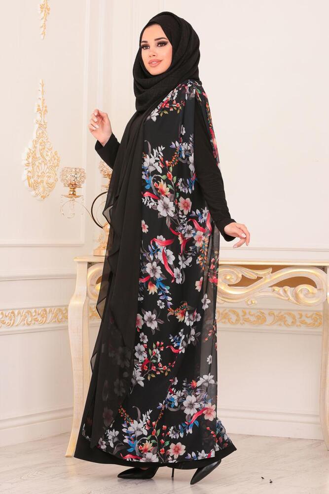 Çiçek Desenli Siyah Tesettür Abaya 8961S - 2