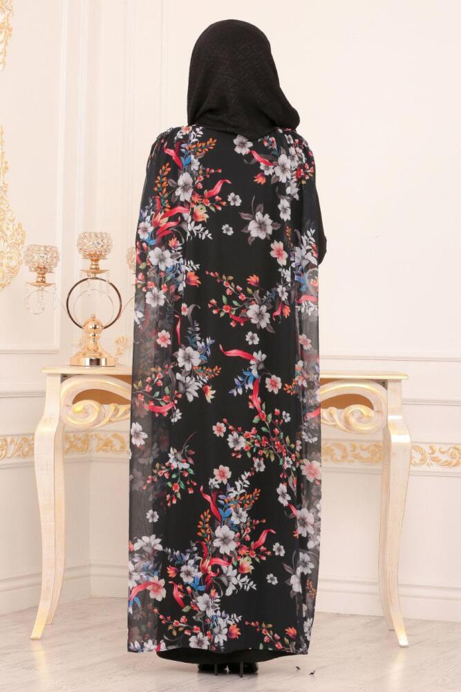 Çiçek Desenli Siyah Tesettür Abaya 8961S - 3