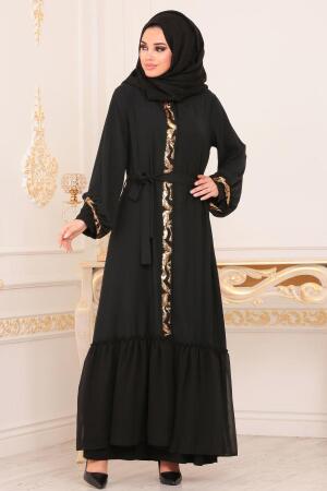 Pul Payetli Siyah Tesettür Abaya 8965S - 1