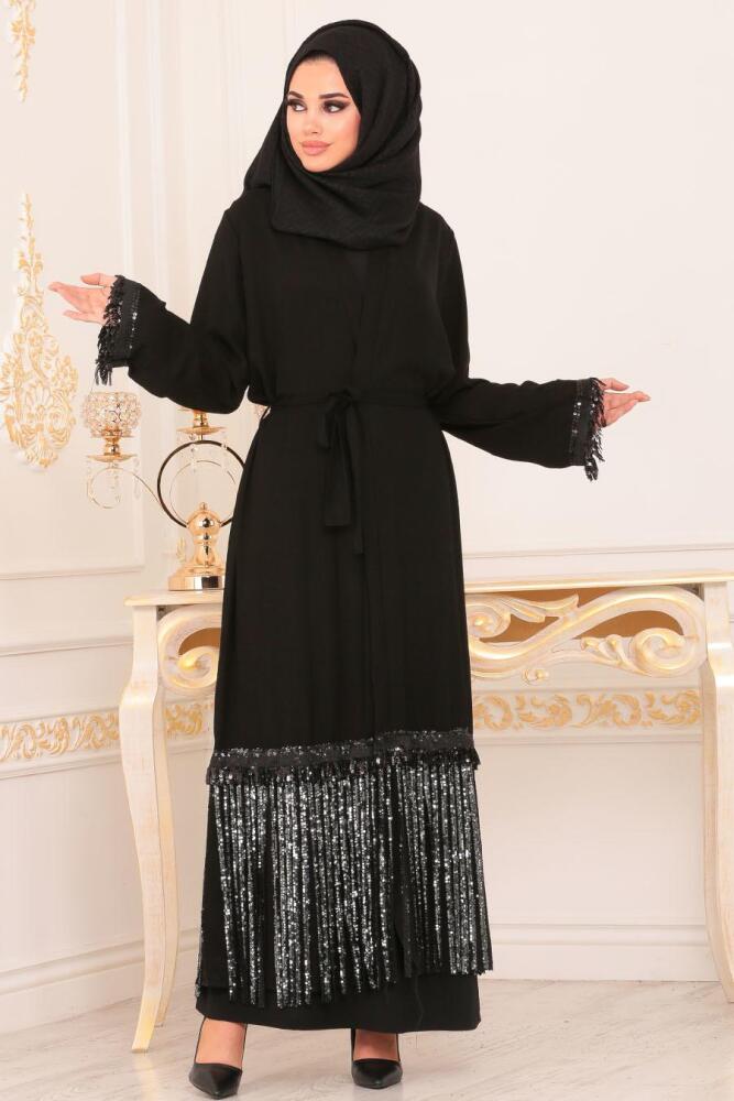 Pul Payetli Siyah Tesettür Abaya 9018S - 1