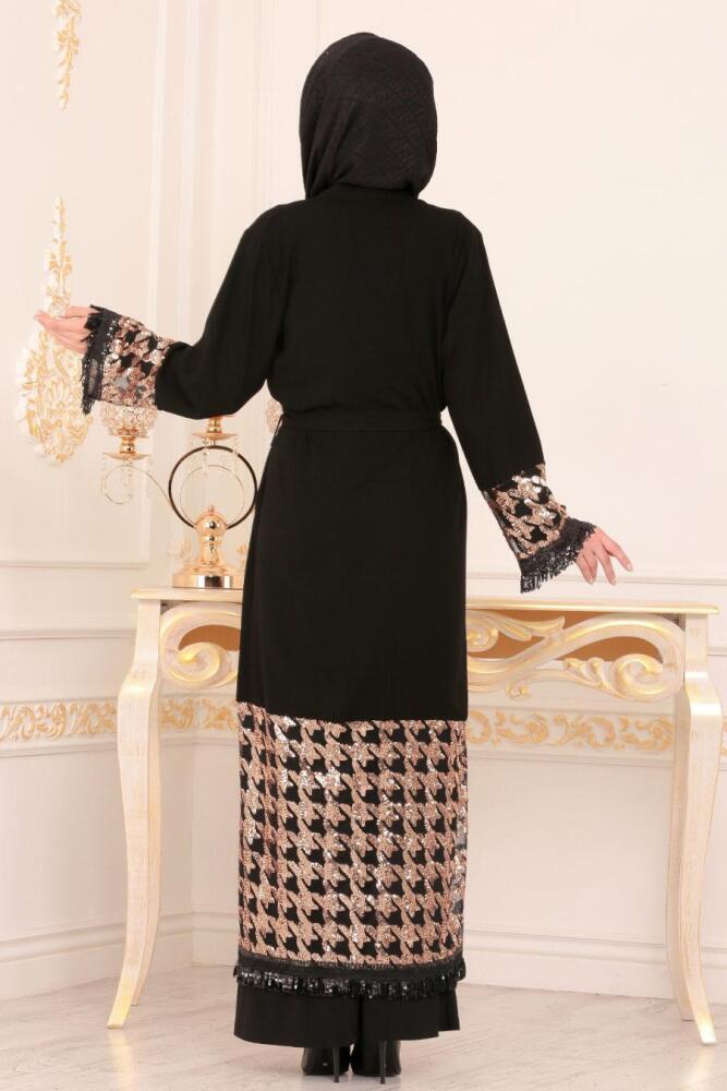 Pul Payetli Siyah Tesettür Abaya 9022S - 2