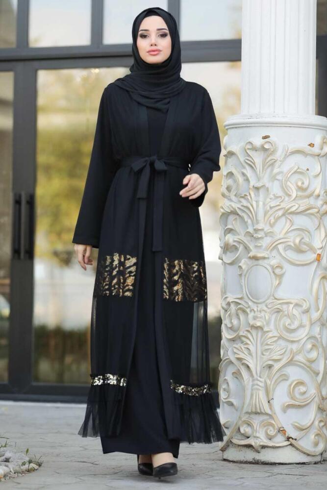Desenli Siyah Tesettür Abaya 9029S - 1