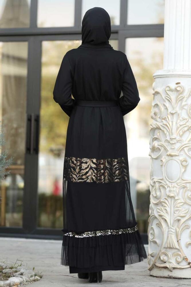 Desenli Siyah Tesettür Abaya 9029S - 2