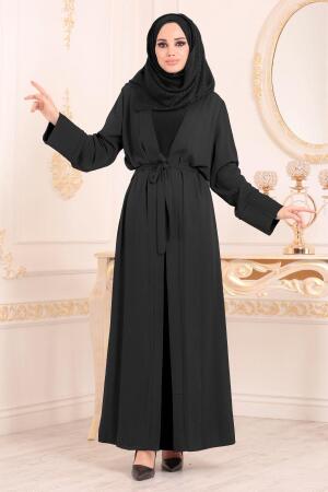 Kemerli Siyah Tesettür Abaya 9414S - 1
