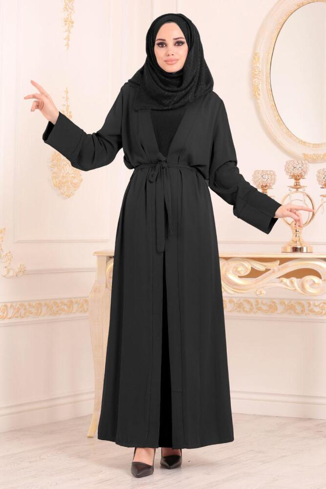 Kemerli Siyah Tesettür Abaya 9414S - 1