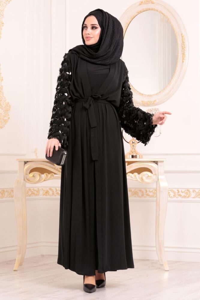 Pul Detaylı Püsküllü Siyah Tesettür Abaya 9438S - 2
