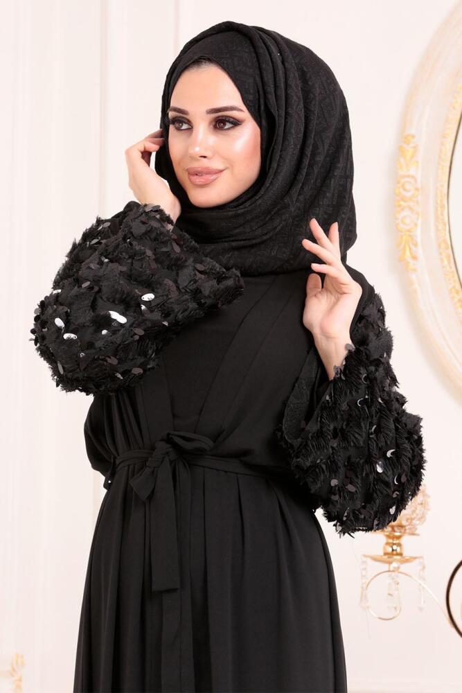 Pul Detaylı Püsküllü Siyah Tesettür Abaya 9438S - 3