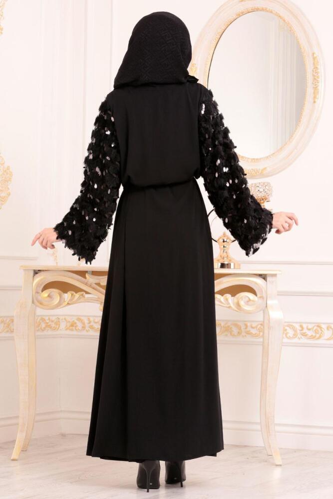 Pul Detaylı Püsküllü Siyah Tesettür Abaya 9438S - 4