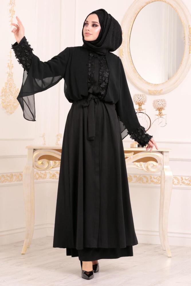 Çiçek Detaylı Siyah Tesettür Abaya 9500S - 1