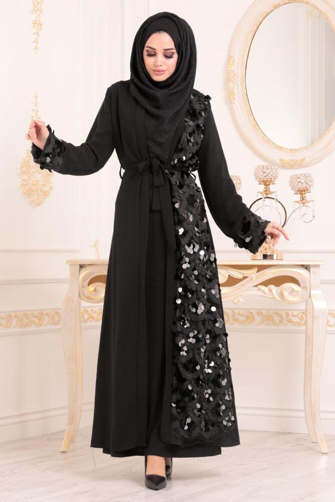 Pul Detaylı Püsküllü Siyah Tesettür Abaya 9547S - 1