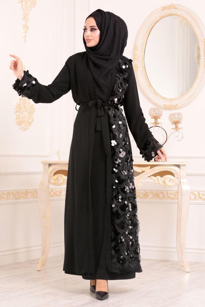 Pul Detaylı Püsküllü Siyah Tesettür Abaya 9547S - 2