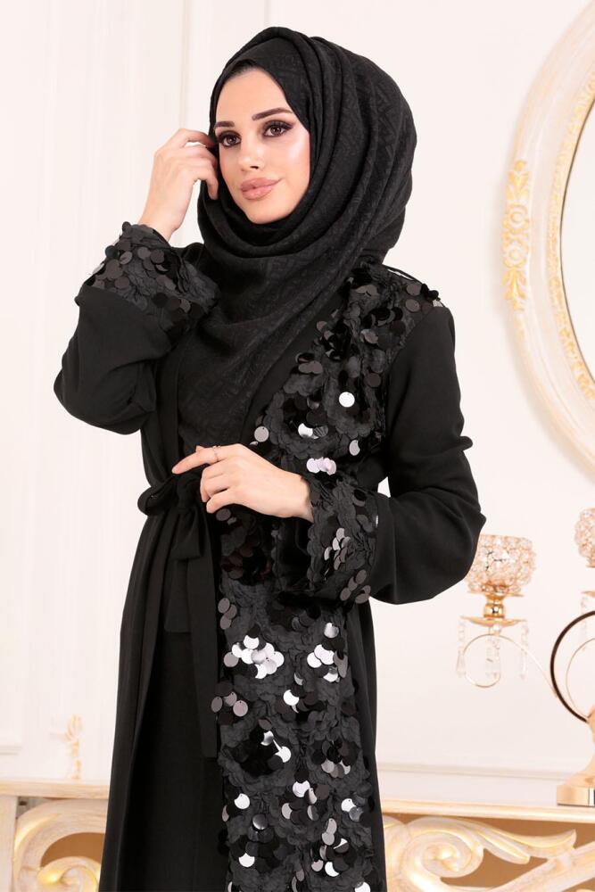 Pul Detaylı Püsküllü Siyah Tesettür Abaya 9547S - 3