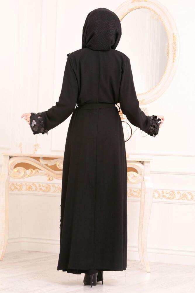 Pul Detaylı Püsküllü Siyah Tesettür Abaya 9547S - 4