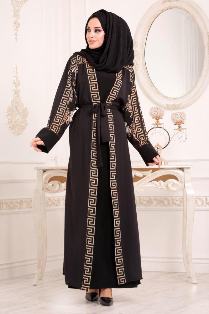Desenli Siyah Tesettür Abaya 9563S - 1