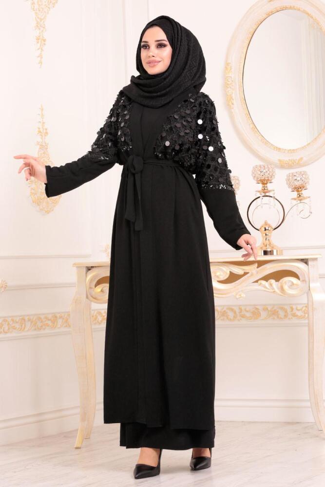 Pul İşlemeli Siyah Tesettür Abaya 9569S - 1