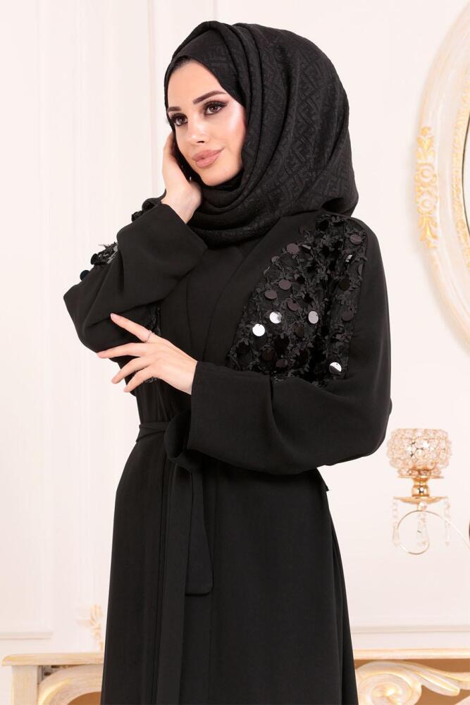 Pul İşlemeli Siyah Tesettür Abaya 9569S - 2