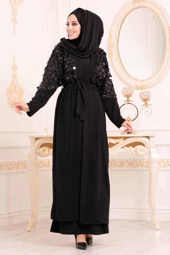 Pul İşlemeli Siyah Tesettür Abaya 9569S - 3