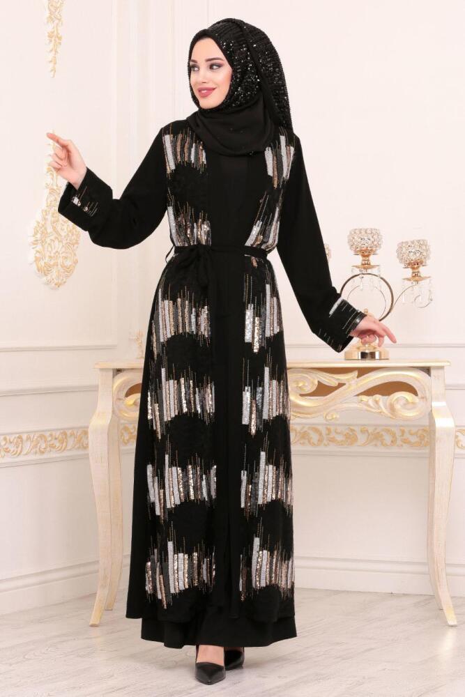Şerit Detaylı Siyah Tesettür Abaya 9572S - 1