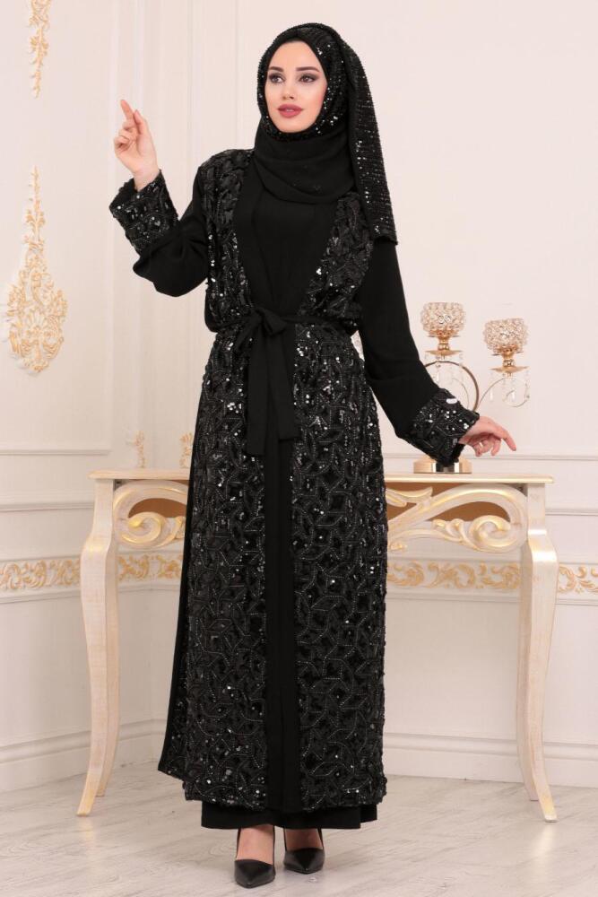 Pul Payetli Siyah Tesettür Abaya 9573S - 1