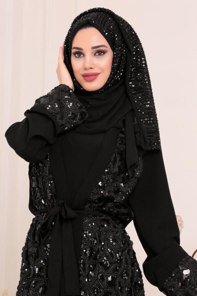 Pul Payetli Siyah Tesettür Abaya 9573S - 2