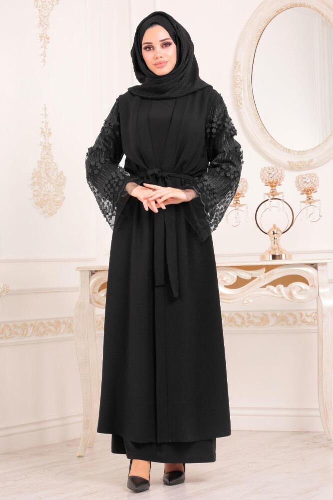Çiçek Detaylı Siyah Tesettür Abaya 9576S - 1