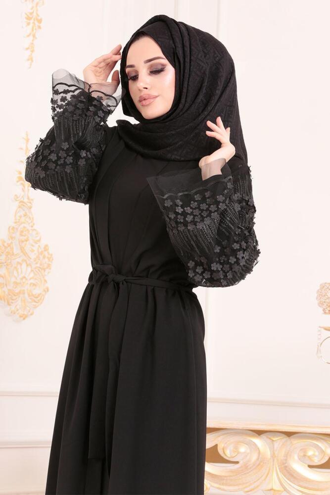 Çiçek Detaylı Siyah Tesettür Abaya 9576S - 2