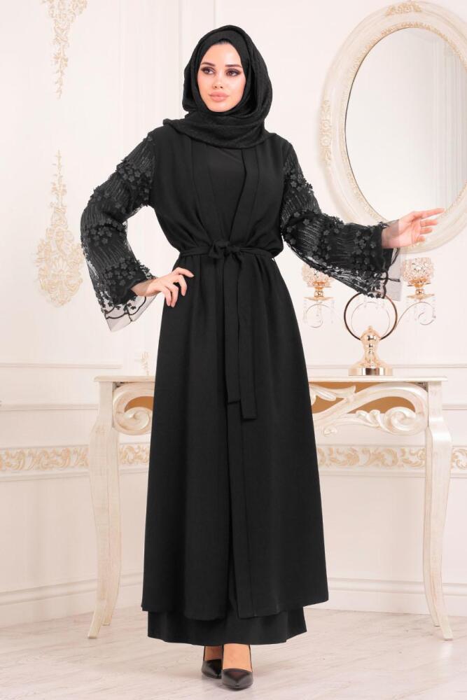 Çiçek Detaylı Siyah Tesettür Abaya 9576S - 3