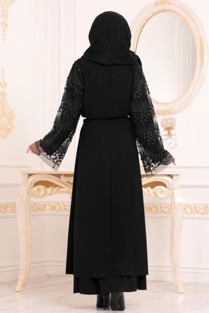 Çiçek Detaylı Siyah Tesettür Abaya 9576S - 4