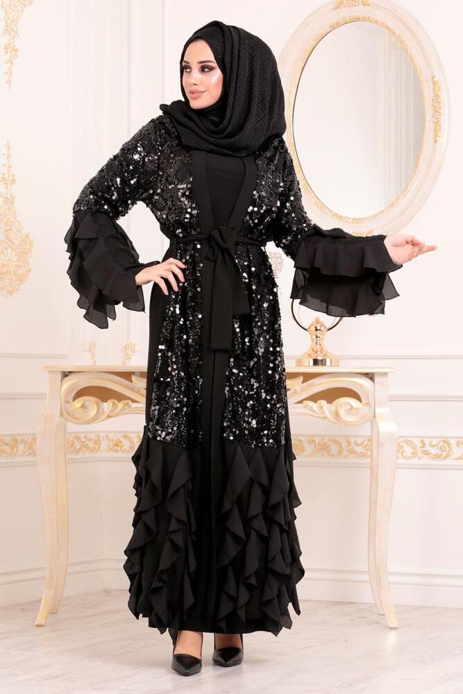 Pul Payetli Siyah Tesettür Abaya 95810S - 1