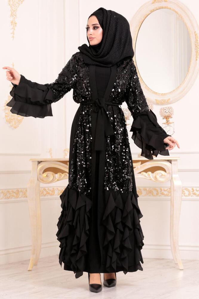 Pul Payetli Siyah Tesettür Abaya 95810S - 2