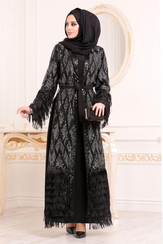 Simli Püsküllü Siyah Tesettür Abaya 95811S - 1