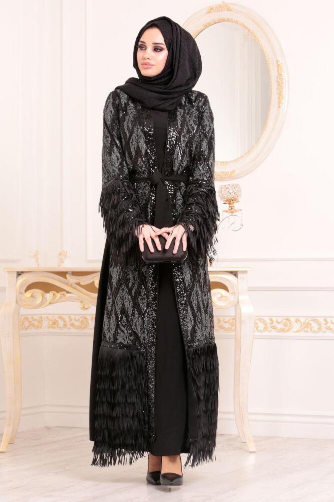 Simli Püsküllü Siyah Tesettür Abaya 95811S - 2